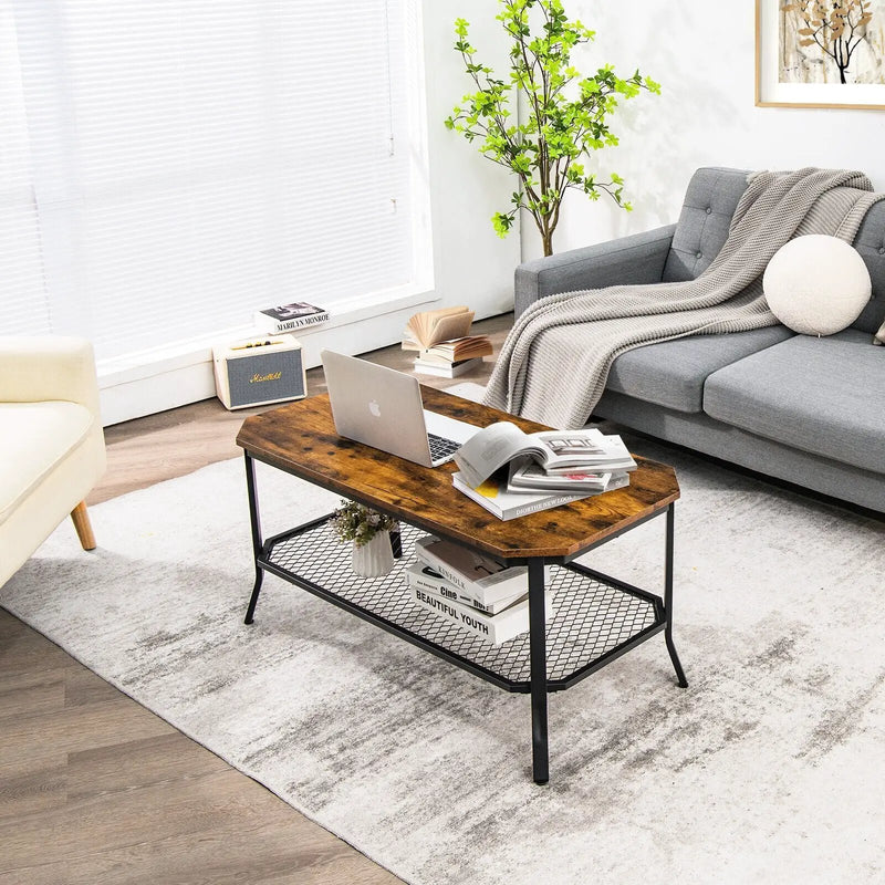 2-Tier Industrial Coffee Table with Open Mesh Storage Shelf for Living Room-Rustic Brown by DirectDeals
