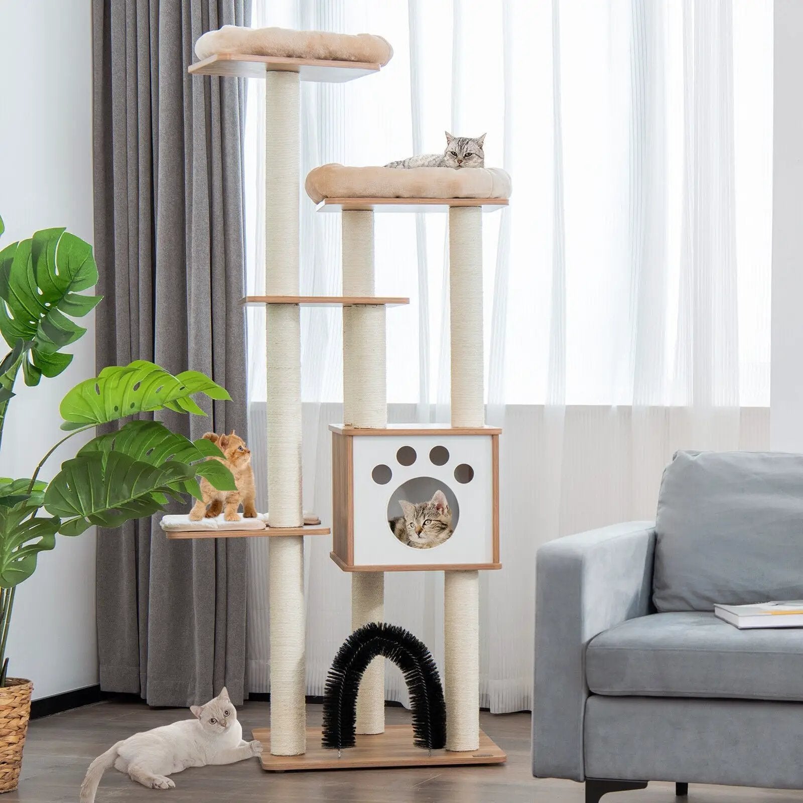 Indoor Cat Tree Tower with Platform Scratching Posts-Beige by DirectDeals