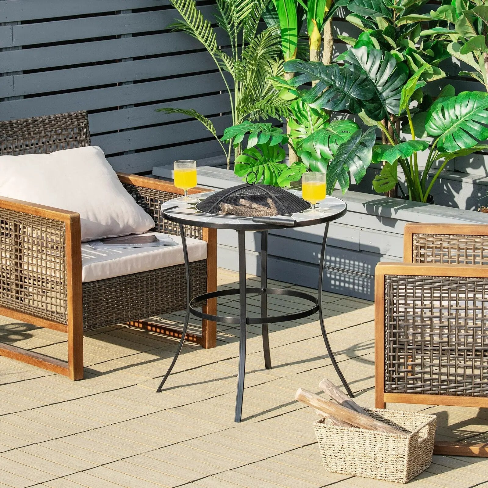 23.5 Inches Round Fire Pit Table with Mesh Cover and Fire Poker by DirectDeals