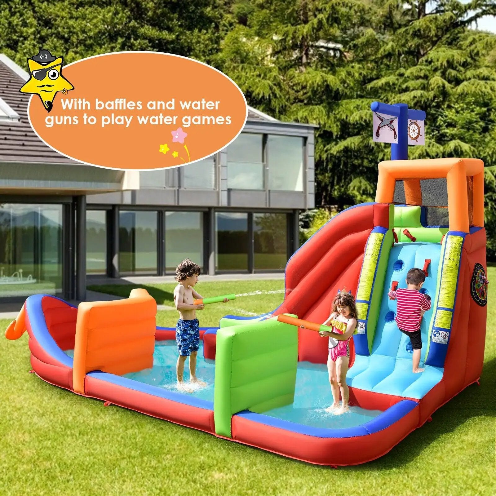 6-in-1 Kids Pirate Ship Water Slide Inflatable Bounce House with Water Guns Without Blower by DirectDeals