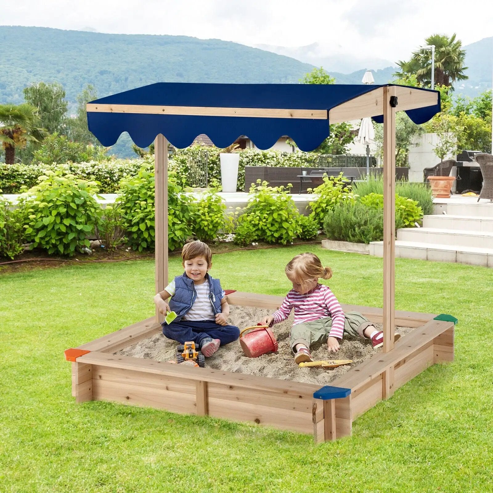 Kids Wooden Sandbox with Height Adjustable and Rotatable Canopy Outdoor Playset by DirectDeals