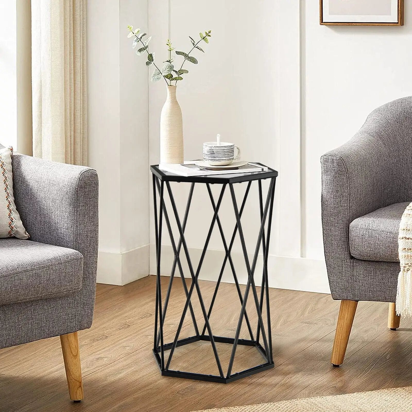Hexagonal Accent End Table with Tempered Glass Top and Metal Frame by DirectDeals