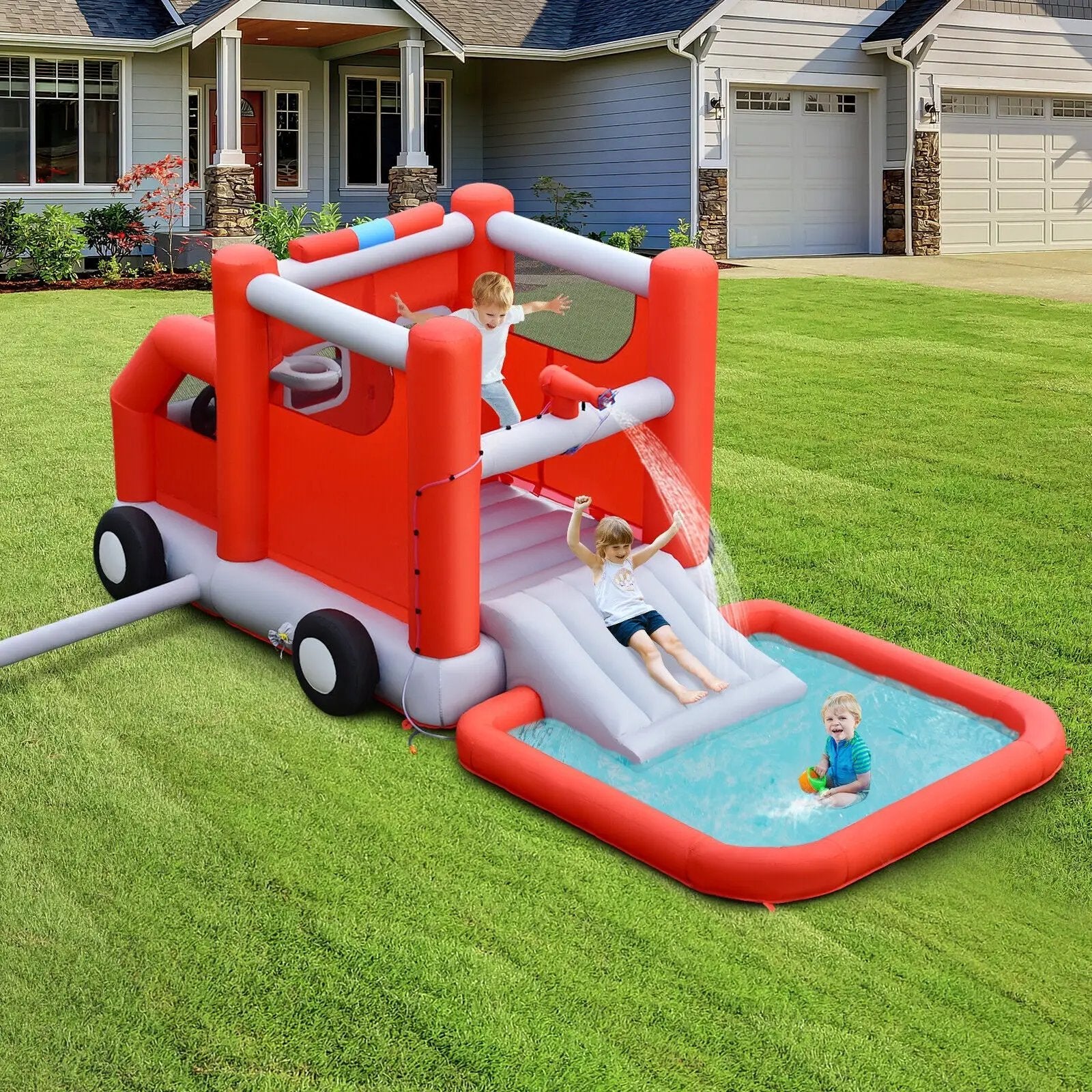 Fire Truck Themed Inflatable Castle Water Park Kids Bounce House with 480W Blower by DirectDeals