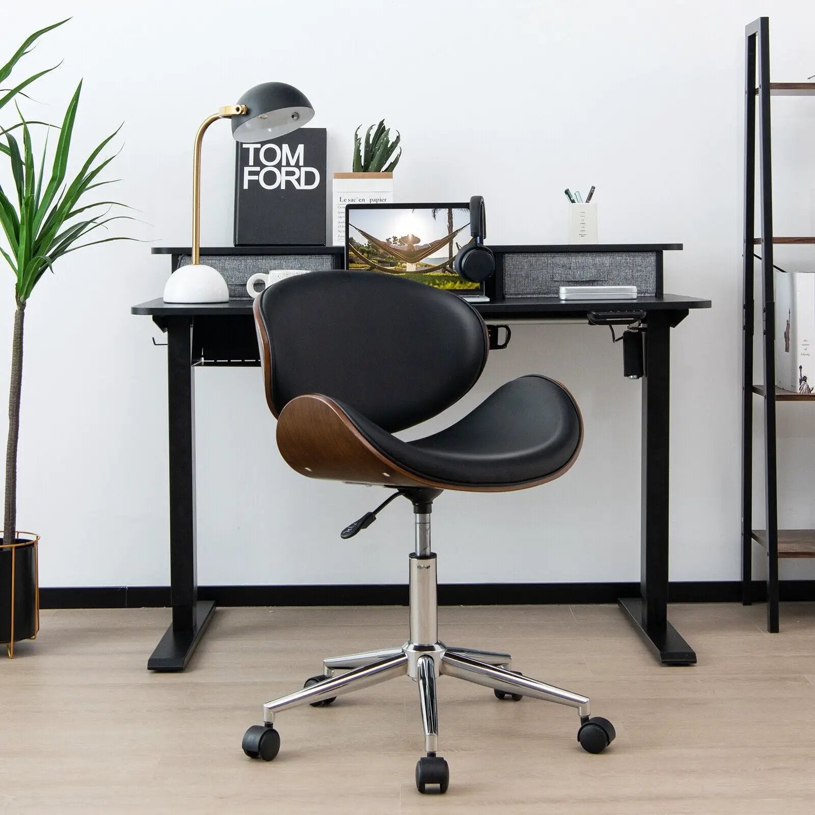 Adjustable Leather Office Chair Swivel Bentwood Desk Chair with Curved Seat-Black by DirectDeals