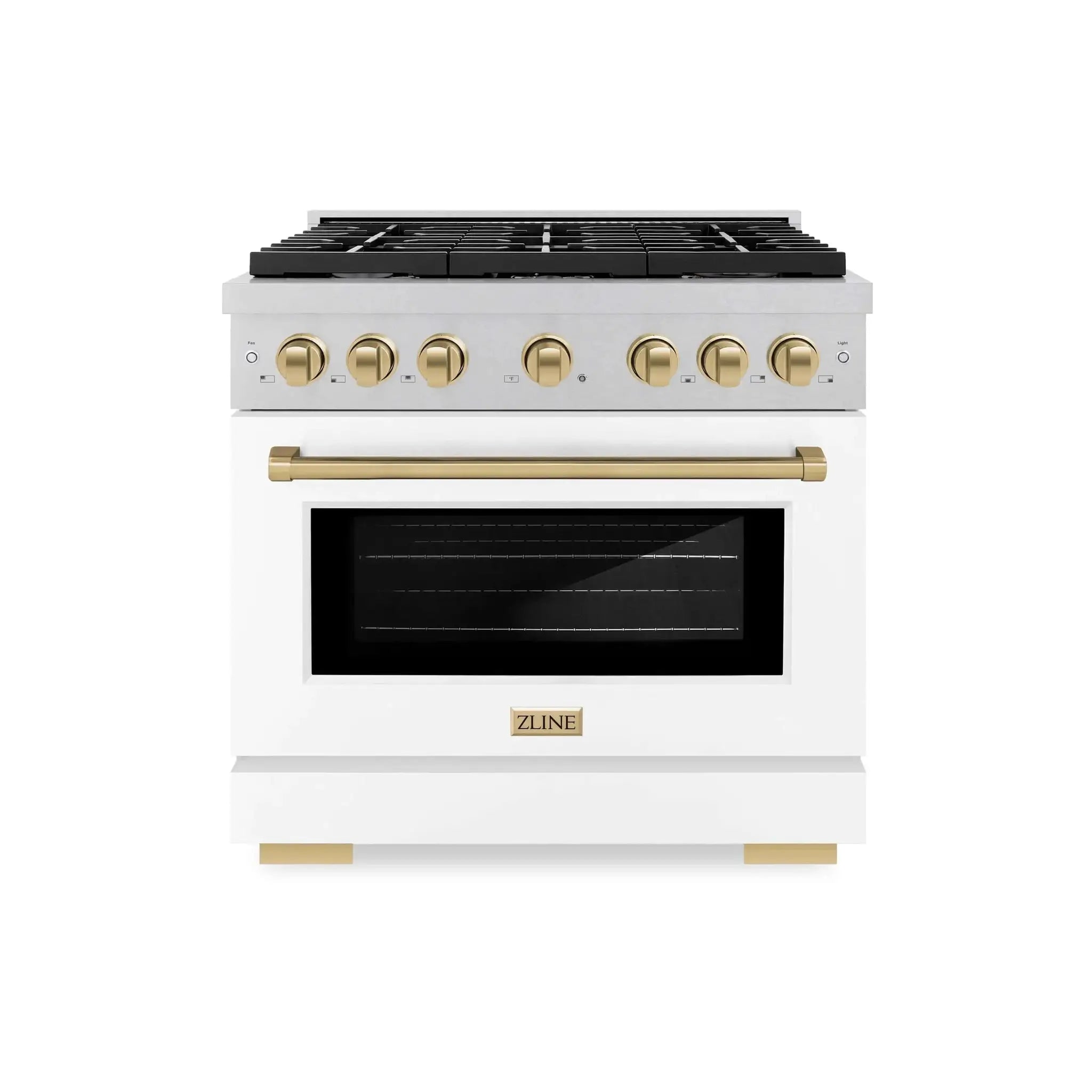 ZLINE 36"Paramount Dual Fuel Range DuraSnow® White Matte, Champagne Bronze SDRSZ-WM-36-CB by Farmhouse Kitchen and Bath