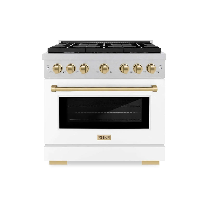 ZLINE 36"Paramount Dual Fuel Range DuraSnow® White Matte, Champagne Bronze SDRSZ-WM-36-CB by Farmhouse Kitchen and Bath
