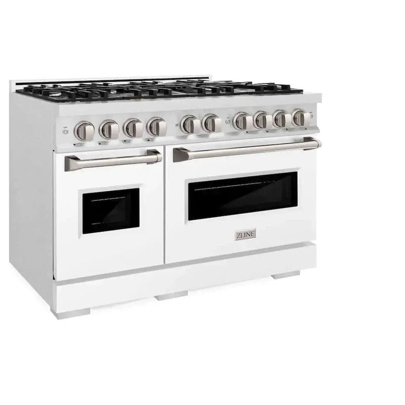ZLINE 48" Dual Fuel Range, Gas Cooktop, Electric Convection Oven DuraSnow® Stainless Steel, White Matte Door CDRS-WM-48 by Farmhouse Kitchen and Bath
