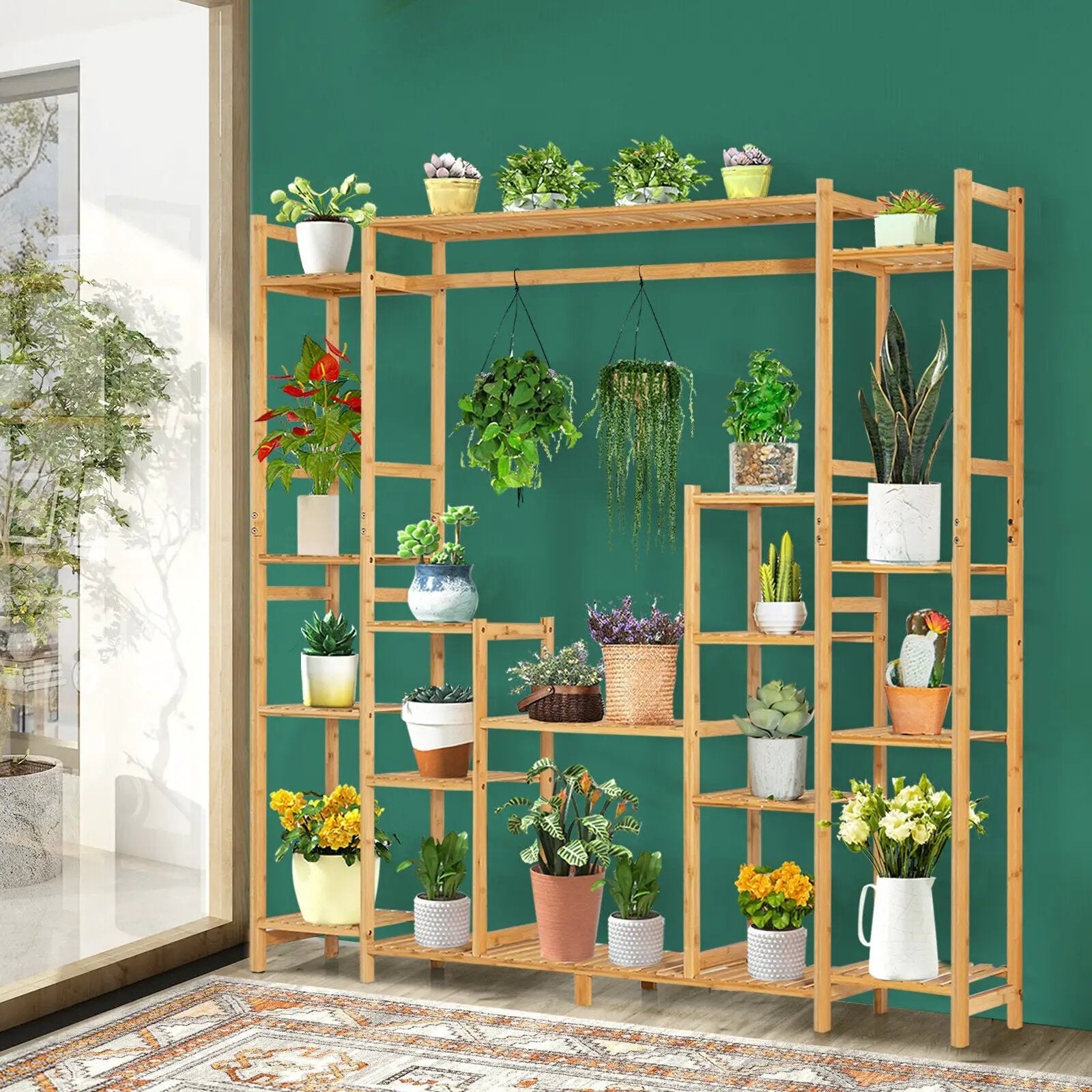 9-Tier Bamboo Plant Stand with Hanging Rack by DirectDeals