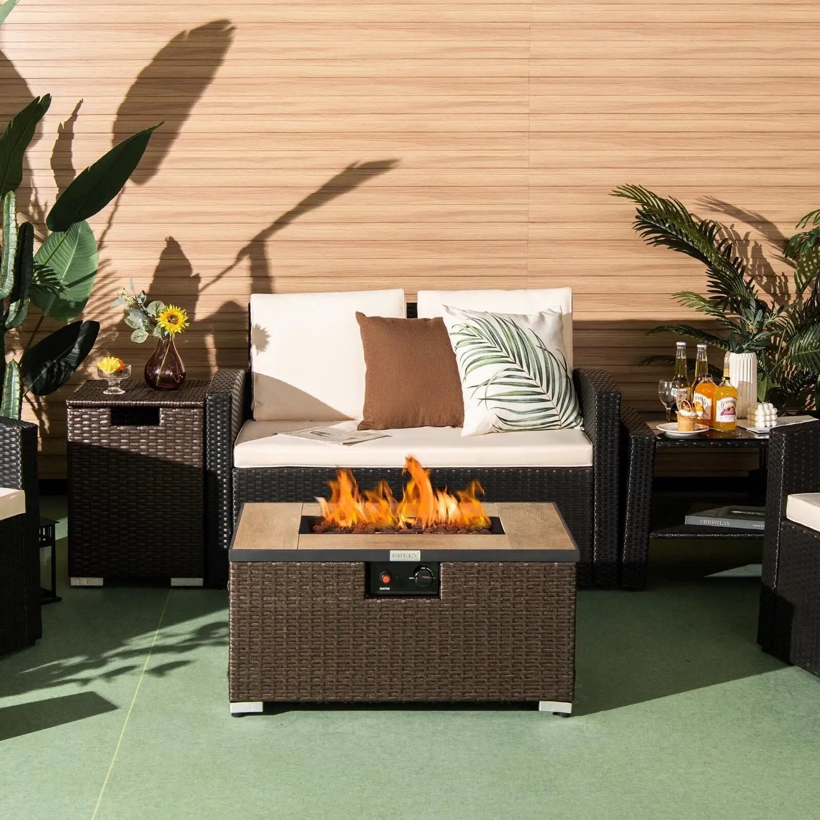 32 x 20 Inch Propane Rattan Fire Pit Table Set with Side Table Tank and Cover by DirectDeals