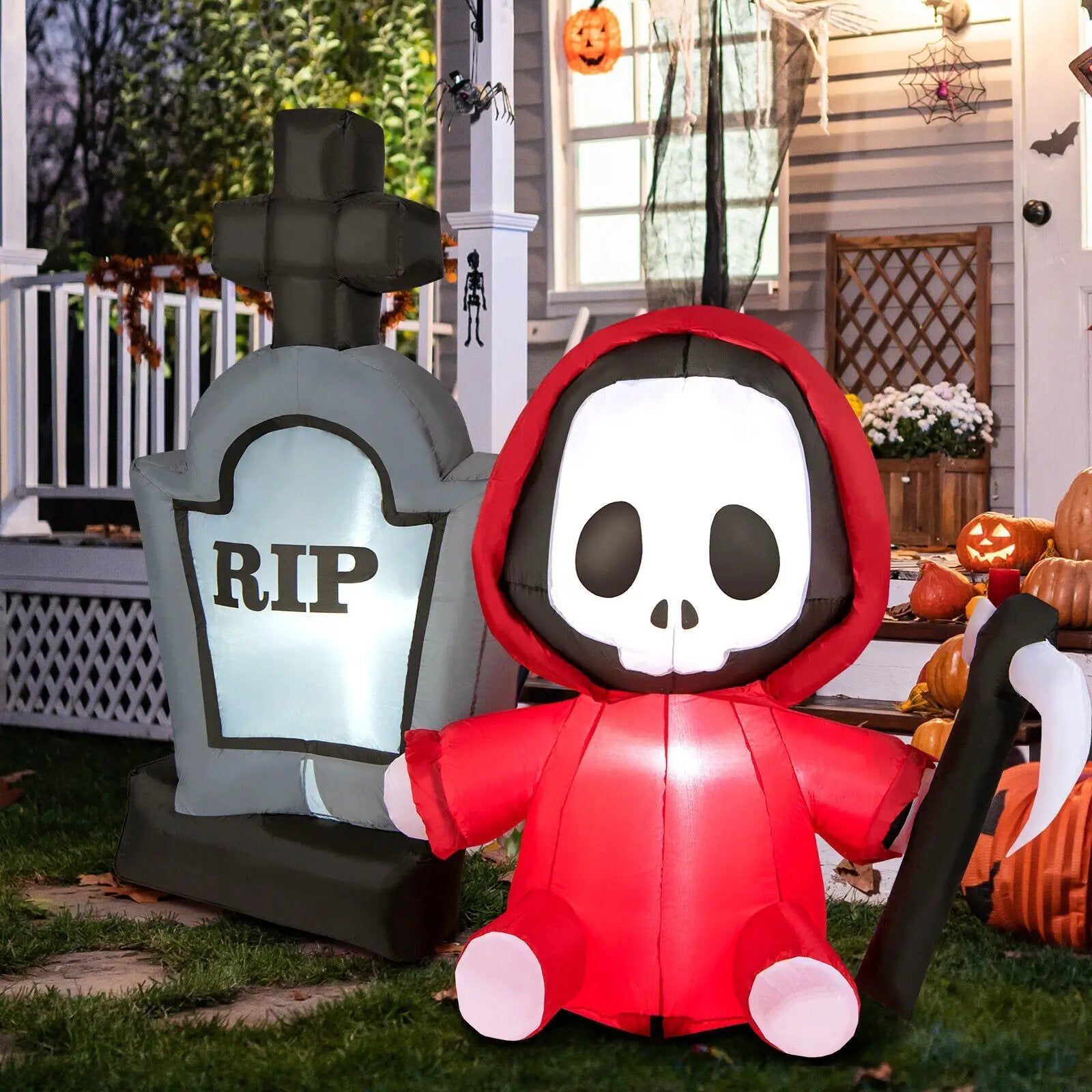 5 Feet Inflatable Halloween Ghost Holding Sickle and Tombstone Yard Decor by DirectDeals