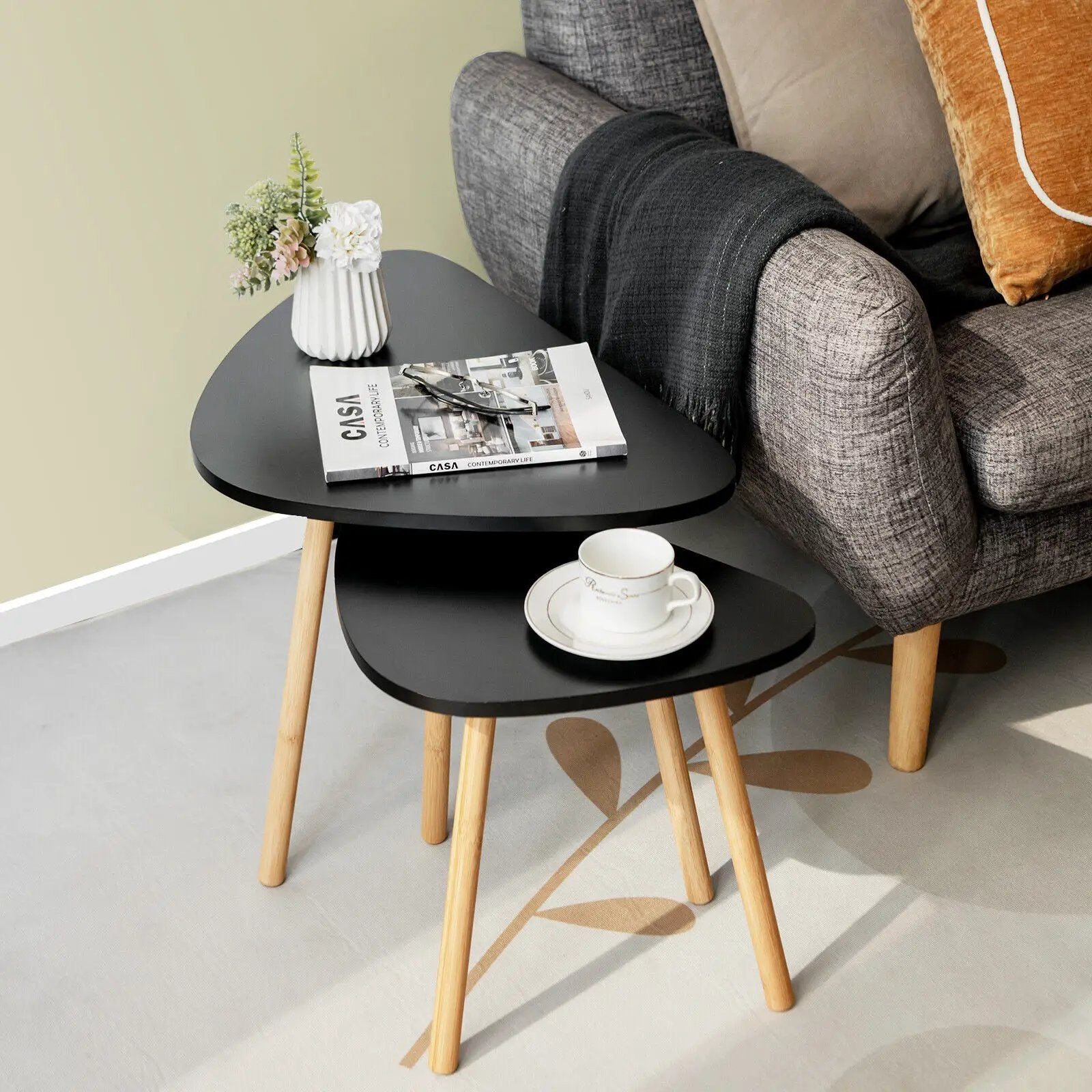 Set of 2 Modern Nesting Coffee Tables Triangular Tabletop Bamboo Legs by DirectDeals