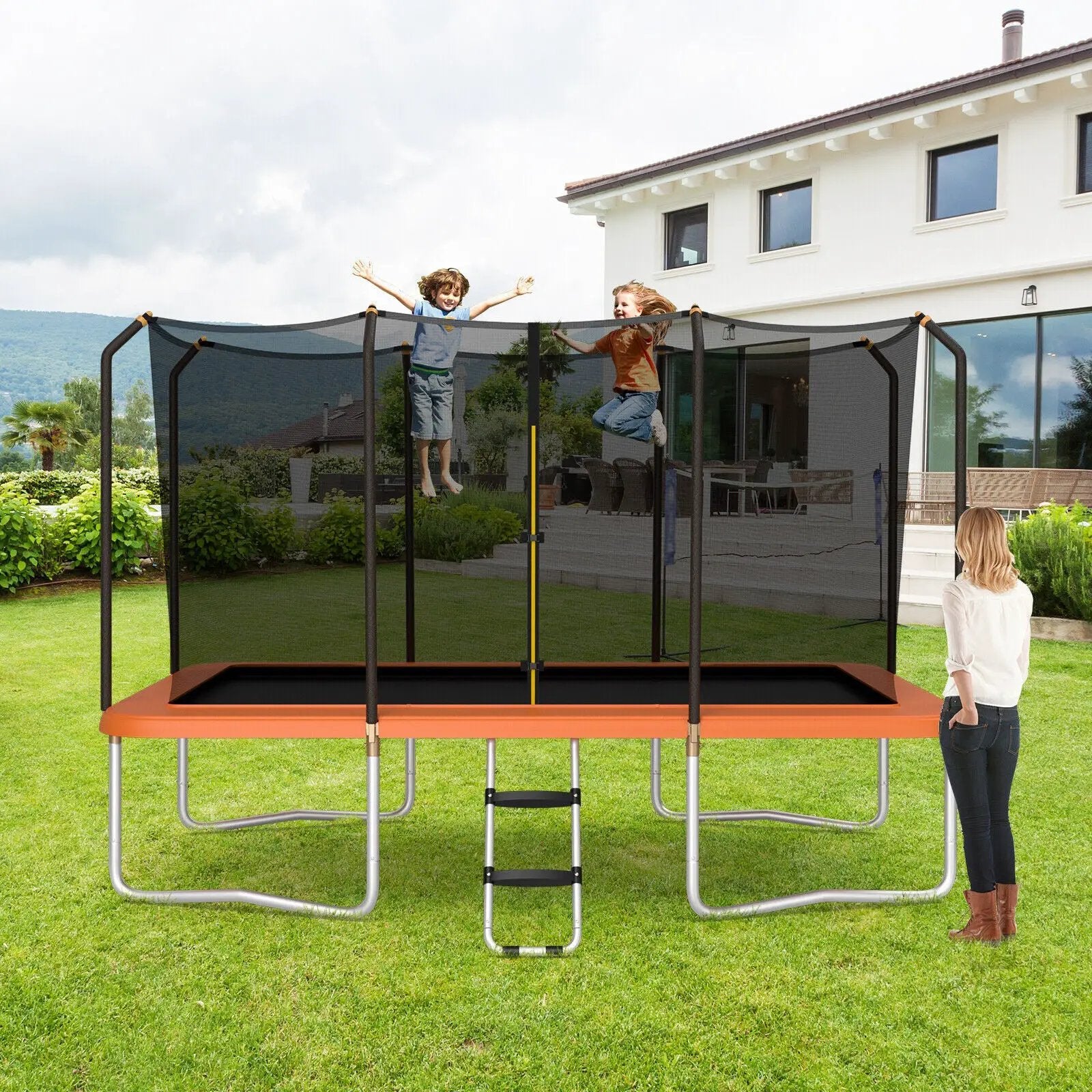 8 x 14 Feet Rectangular Recreational Trampoline with Safety Enclosure Net and Ladder by DirectDeals