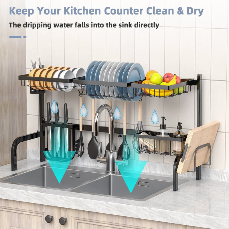 2 Tier Adjustable Over Sink Dish Drying Rack with 8 Hooks by DirectDeals