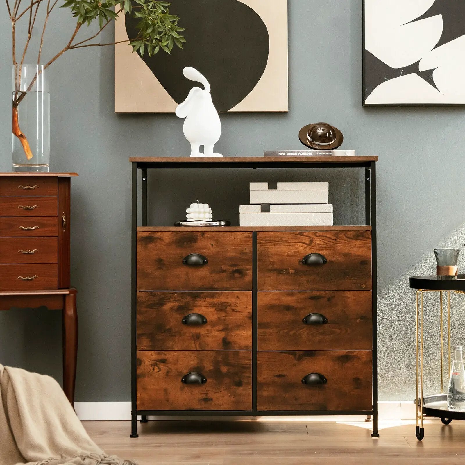 2-Tier Storage Chest with Wooden Top and 6 Fabric Drawers-Rustic Brown by DirectDeals