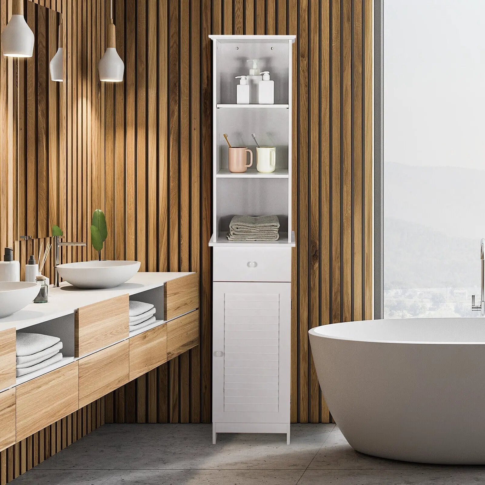 Bathroom Tall Freestanding Storage Cabinet with Open Shelves and Drawer-White by DirectDeals