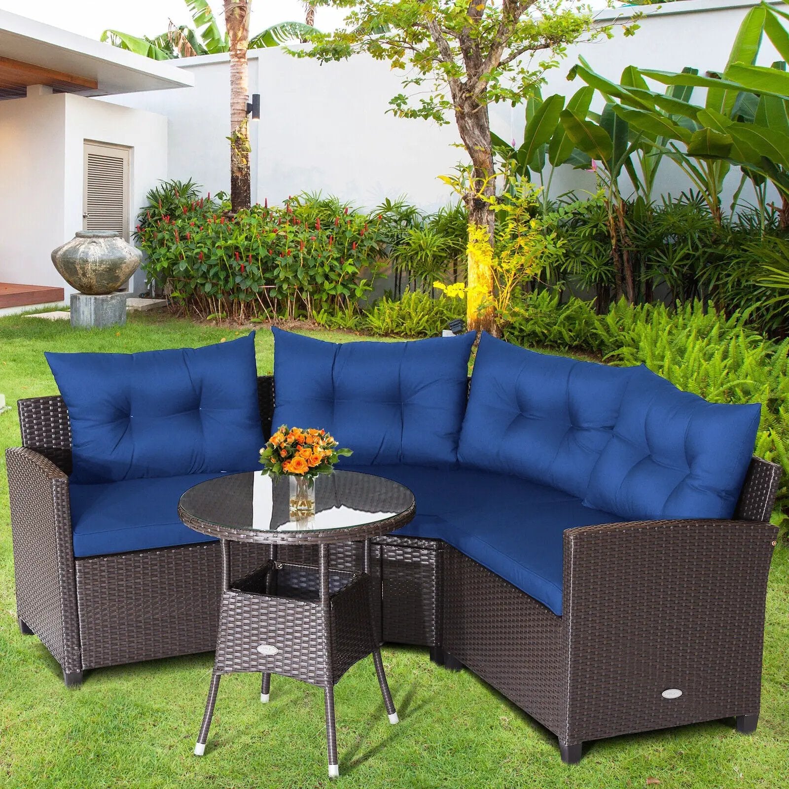 4 Pieces Patio Rattan Furniture Set Cushioned Sofa Glass Table by DirectDeals