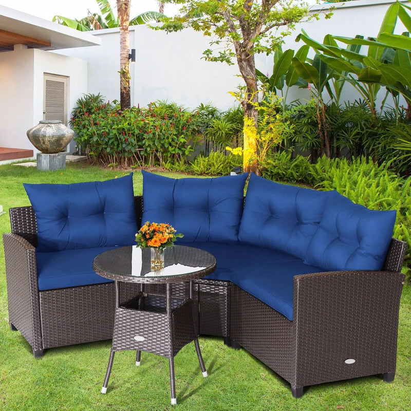 4 Pieces Patio Rattan Furniture Set Cushioned Sofa Glass Table by DirectDeals