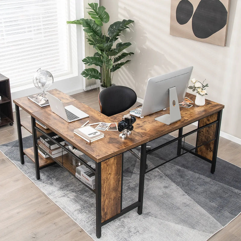 Industrial L-Shaped Corner Computer Desk Office Workstation with Storage Shelves by DirectDeals