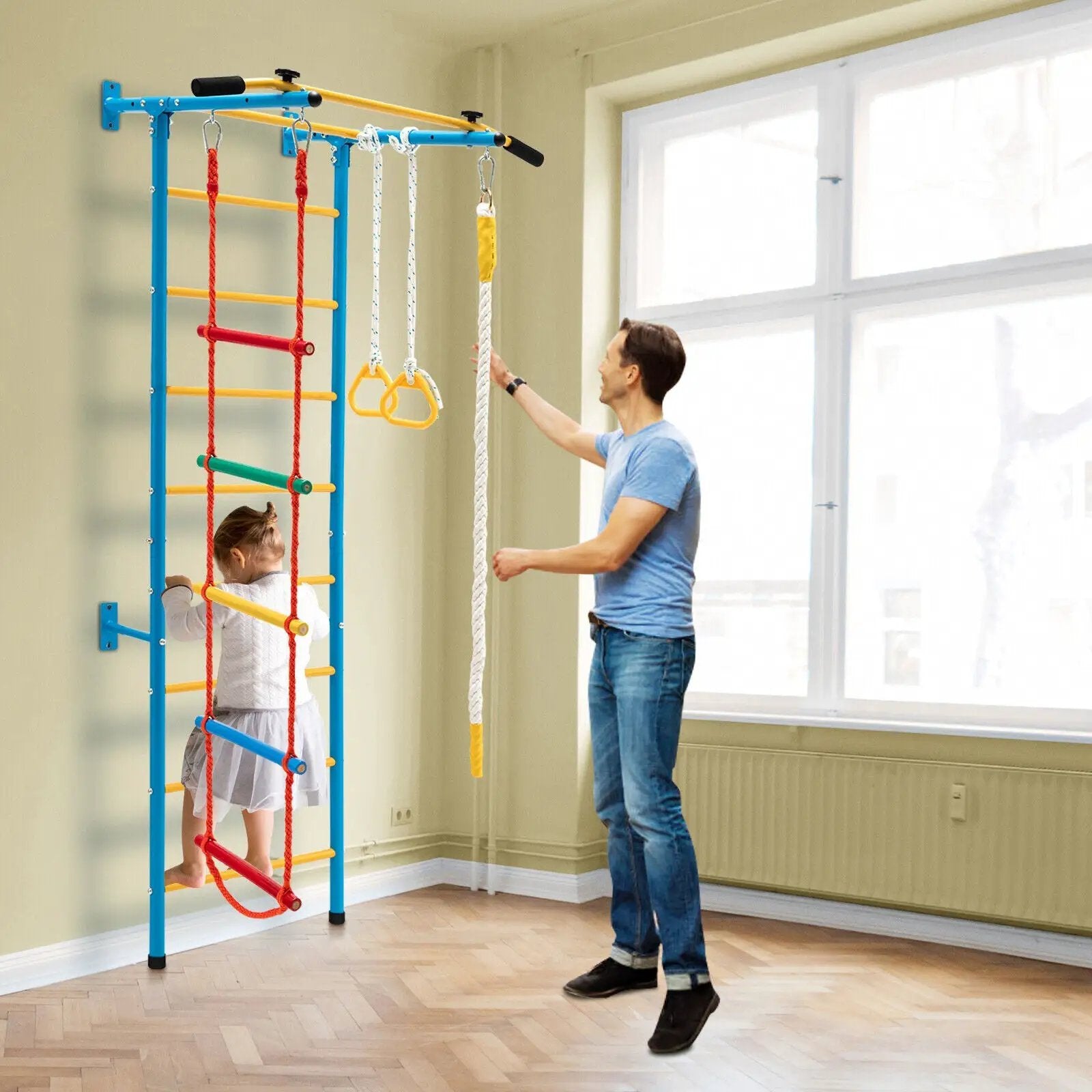 7 In 1 Kids Indoor Gym Playground Swedish Wall Ladder for Solid Wall-Yellow by DirectDeals