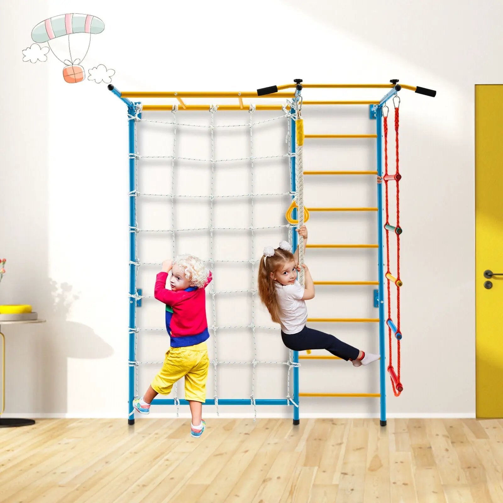 7 In 1 Kids Indoor Gym Playground Swedish Wall Ladder for Solid Wall-Yellow by DirectDeals