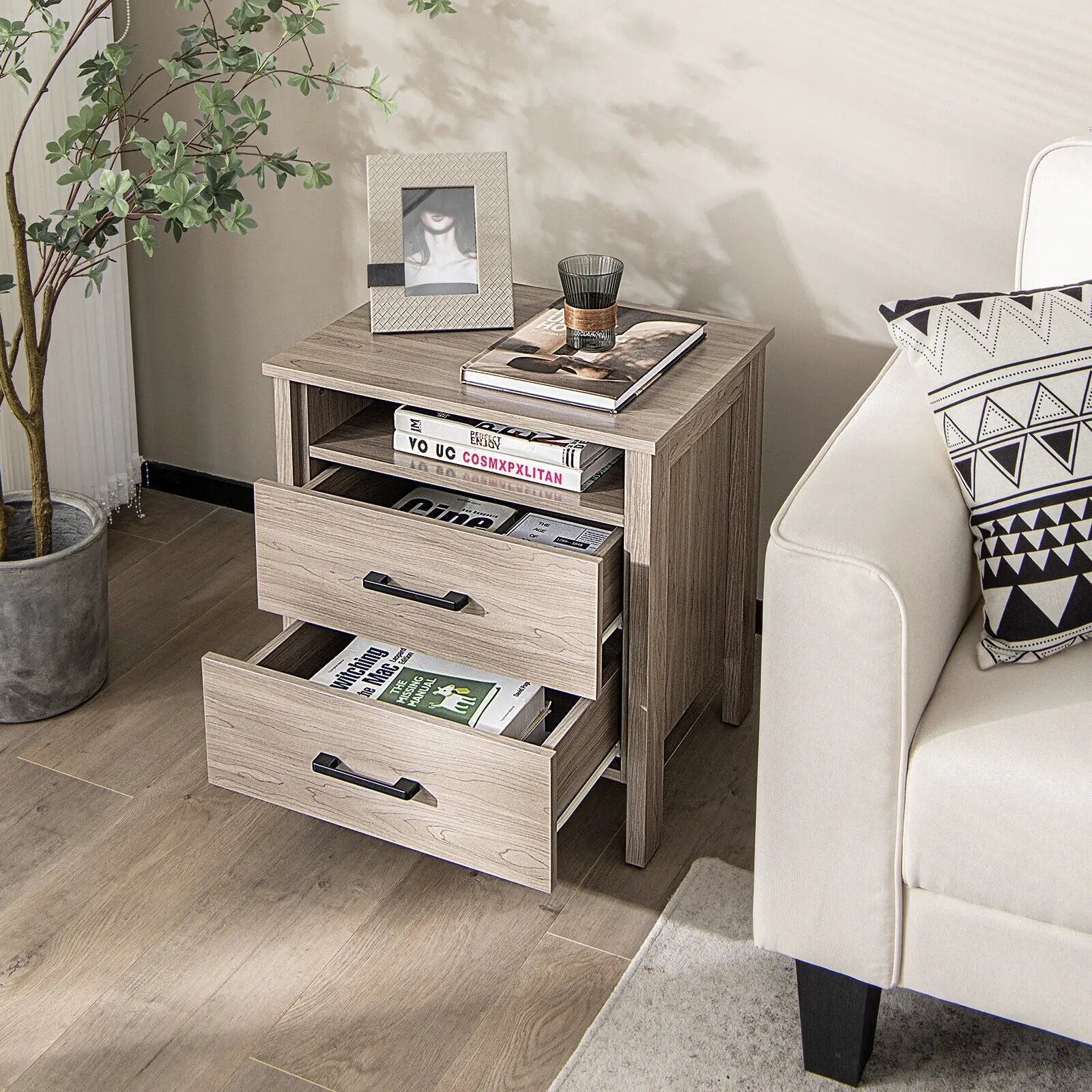 Modern Wood Grain Nightstand with Cable Hole and Open Compartment by DirectDeals