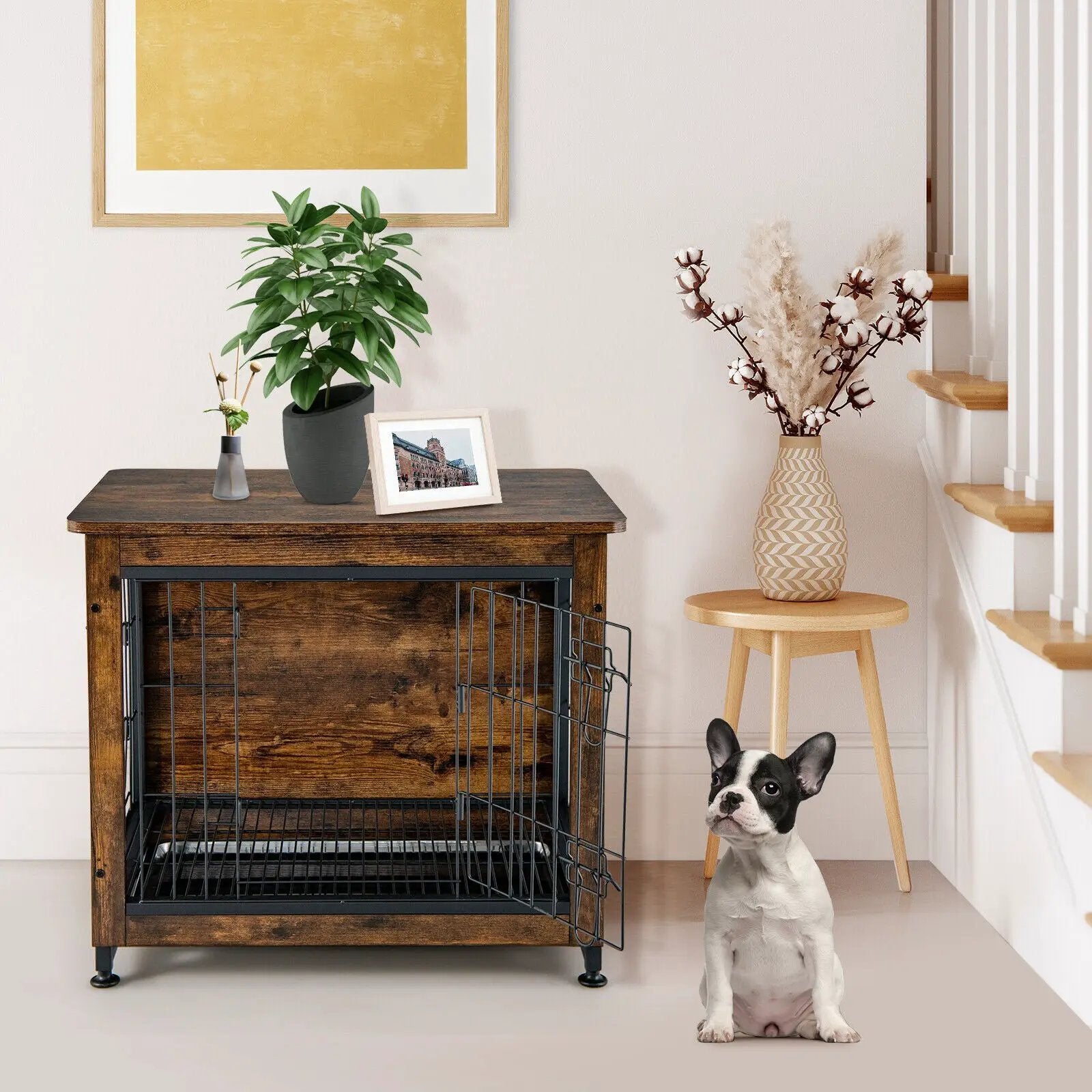 Wooden Dog Crate Furniture with Tray and Double Door-Brown by DirectDeals