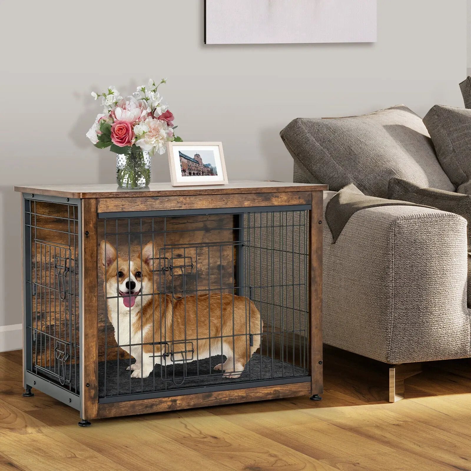 Wooden Dog Crate Furniture with Double Door and Tray-Brown by DirectDeals