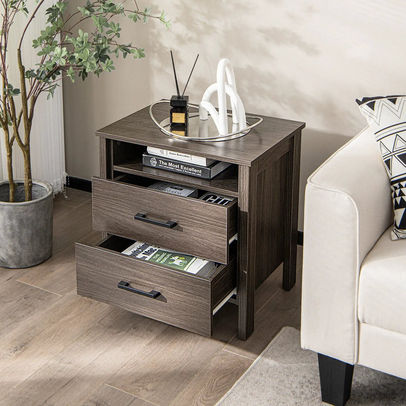 Modern Wood Grain Nightstand with Cable Hole and Open Compartment by DirectDeals