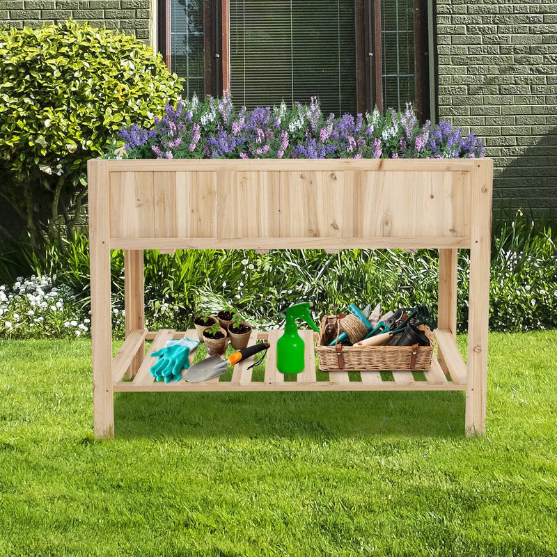 47 Inch Wooden Raised Garden Bed with Bottom Shelf and Bed Liner by DirectDeals