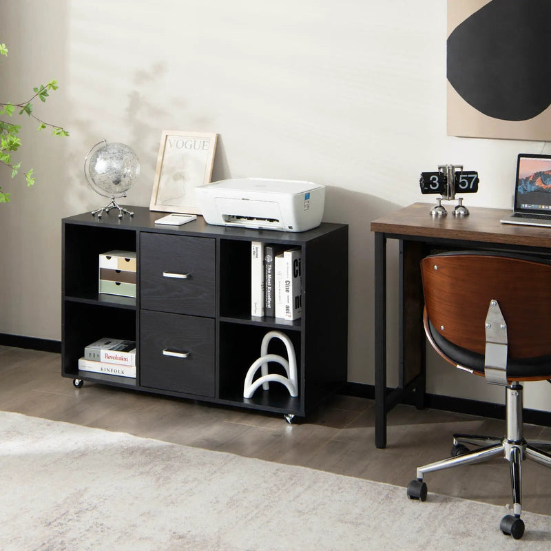 2 Drawer Wood Mobile File Cabinet with 4 Open Compartments-Black by DirectDeals