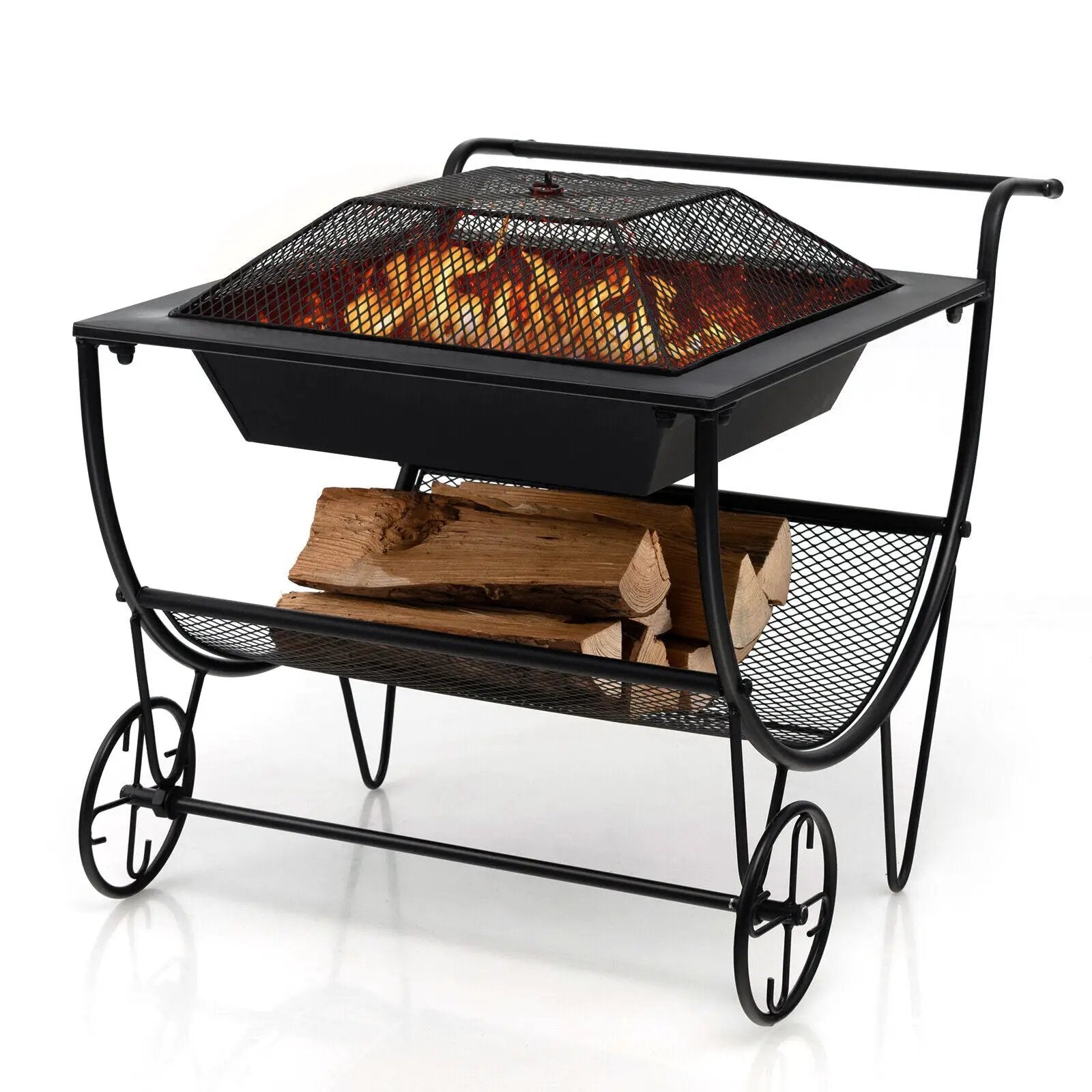 Outdoor Wood Burning Fire Pit with Log Storage Rack and Wheels by DirectDeals