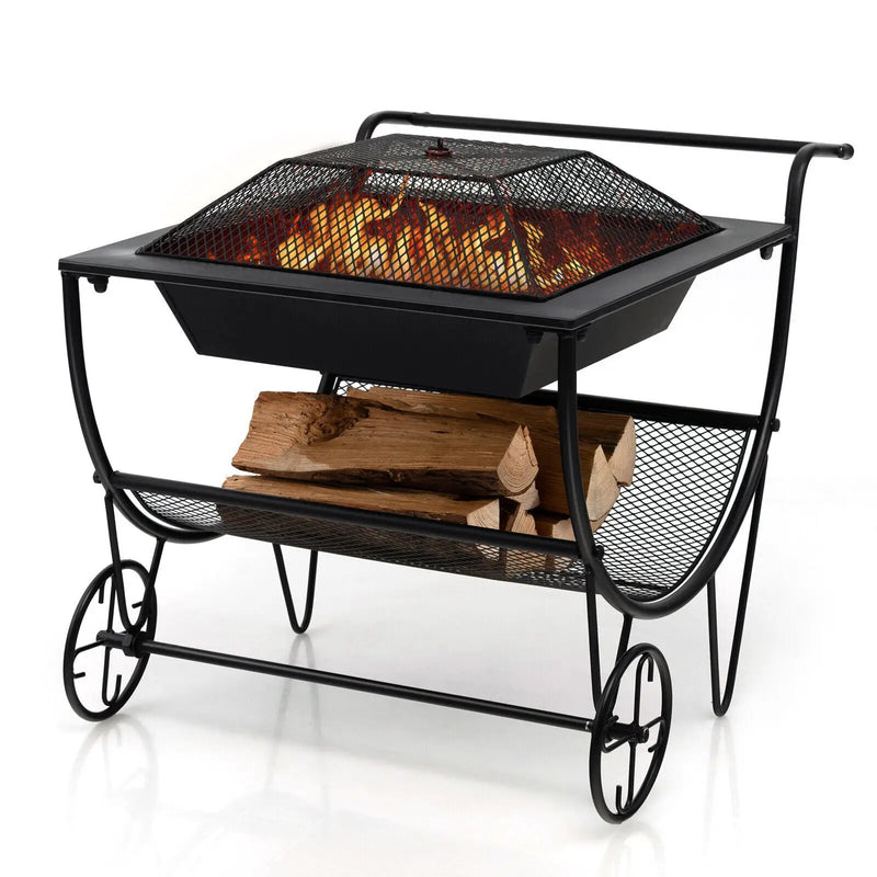 Outdoor Wood Burning Fire Pit with Log Storage Rack and Wheels by DirectDeals