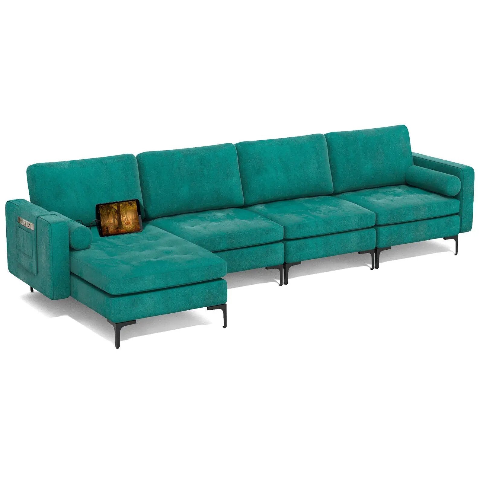 Modular L-shaped 4-Seat Sectional Sofa with Reversible Chaise and 2 USB Socket by DirectDeals