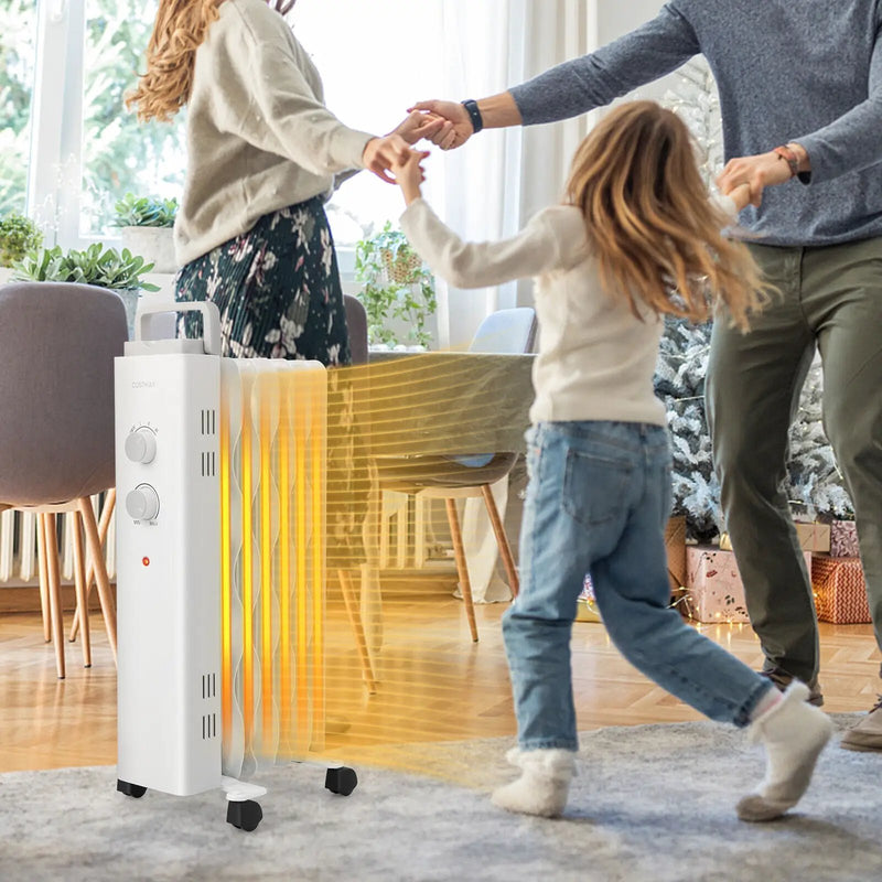 1500W Oil Filled Space Heater with Universal Wheels and 3-Level Heat-White by DirectDeals