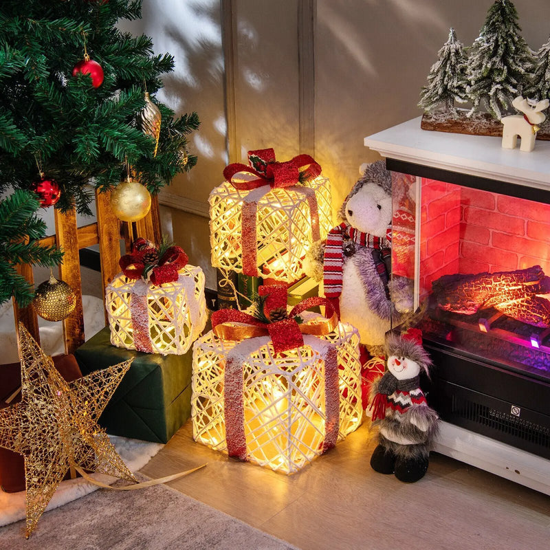 Set of 3 Christmas Lighted Gift Boxes Decorations with Red Bowknots by DirectDeals