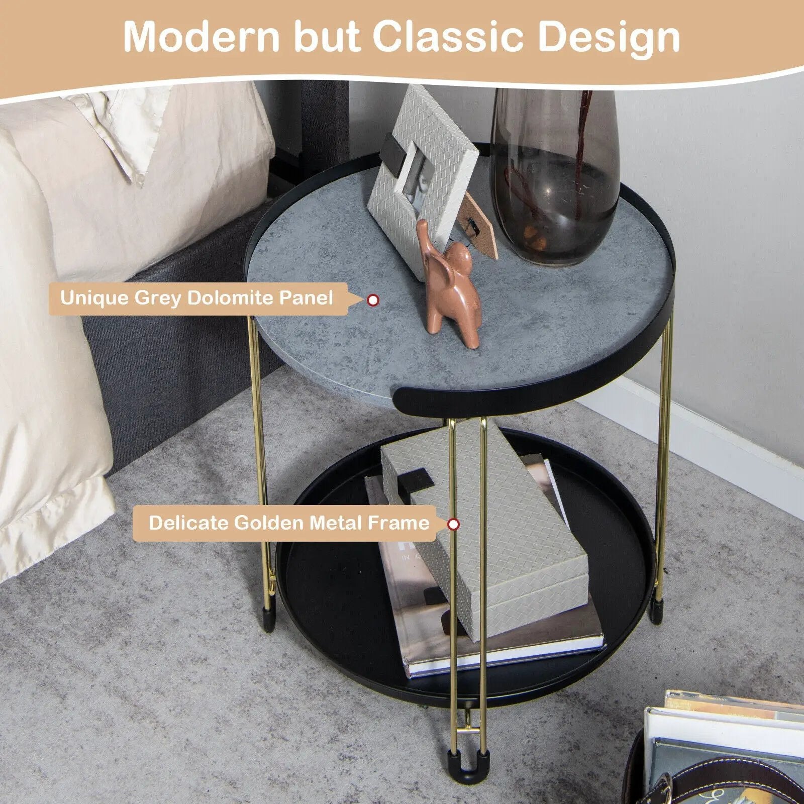2-Tier Round Side Table with Removable Tray and Metal Frame for Small Space-Golden by DirectDeals