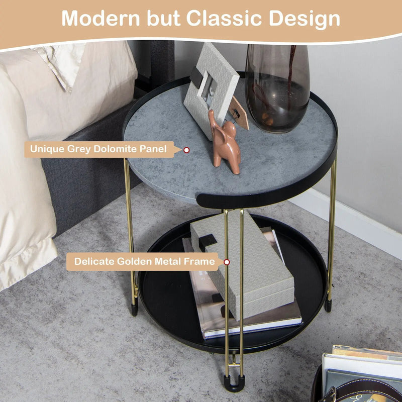 2-Tier Round Side Table with Removable Tray and Metal Frame for Small Space-Golden by DirectDeals
