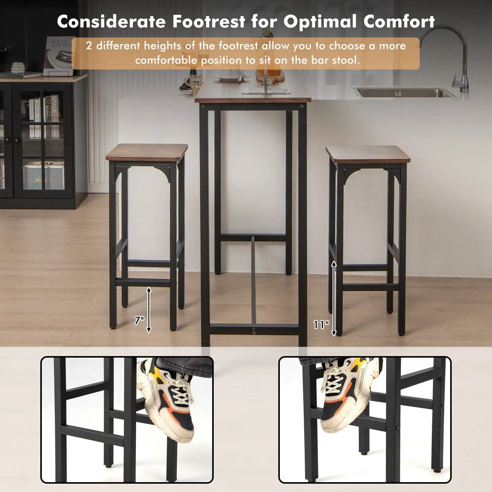 2 Pieces 28 Inch Dining Bar Chair Set with Footrest and Adjustable Pads-Rustic Brown by DirectDeals