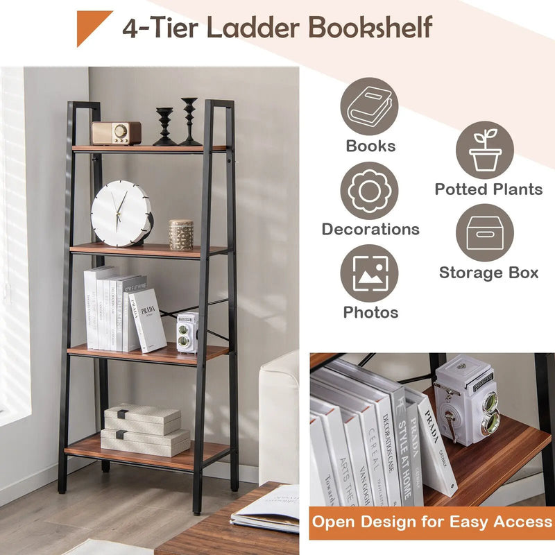 4-Tier Freestanding Open Bookshelf with Metal Frame and Anti-toppling Device-Rustic Brown by DirectDeals