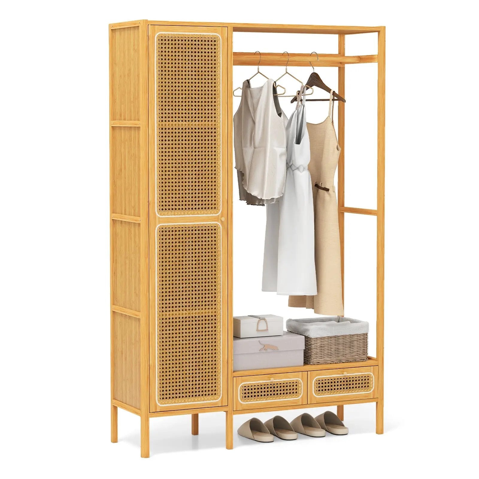 Bamboo Clothing Rack with Cabinet and Drawers and Hanging Rod-Natural by DirectDeals