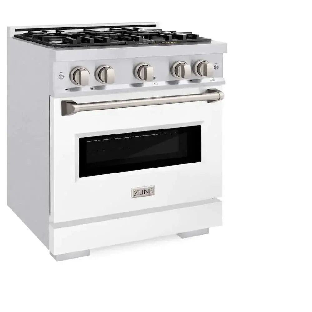 ZLINE 30" Dual Fuel Range, Gas Cooktop, Electric Convection Oven DuraSnow® Stainless Steel, White Matte Door CDRS-WM-30 by Farmhouse Kitchen and Bath