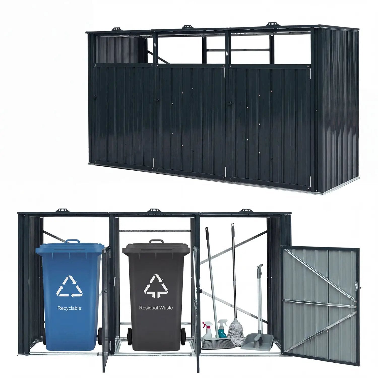 3-Bin Metal Trash Can Storage Shed with Flip-Up Lids for Yard by DirectDeals