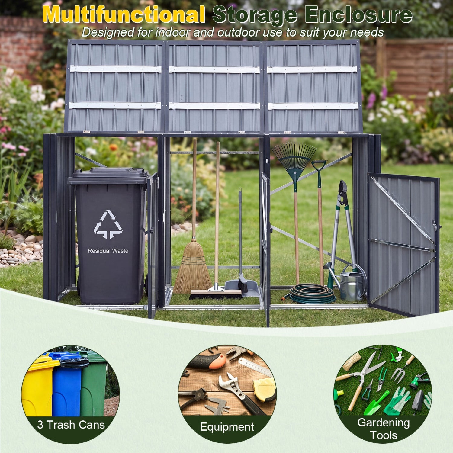 3-Bin Metal Trash Can Storage Shed with Flip-Up Lids for Yard by DirectDeals