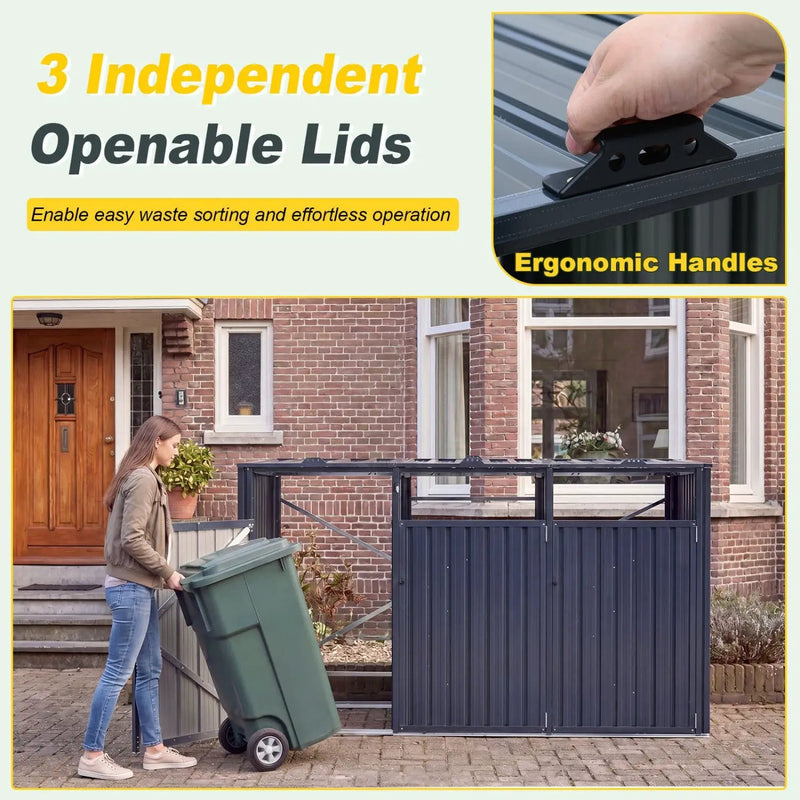 3-Bin Metal Trash Can Storage Shed with Flip-Up Lids for Yard by DirectDeals