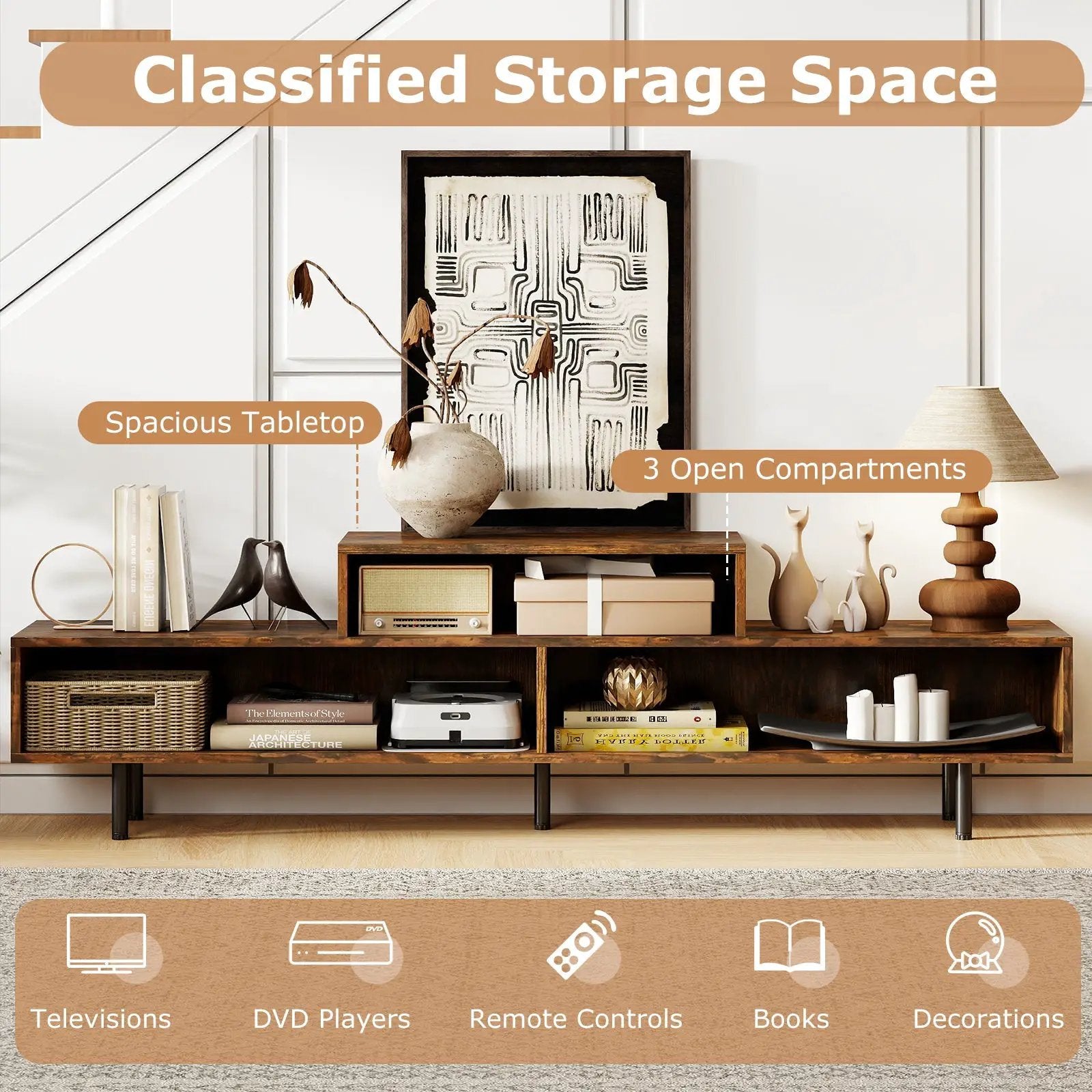3 Cubby TV Stand for TVs up to 70 Inch with Open Storage Compartments by DirectDeals