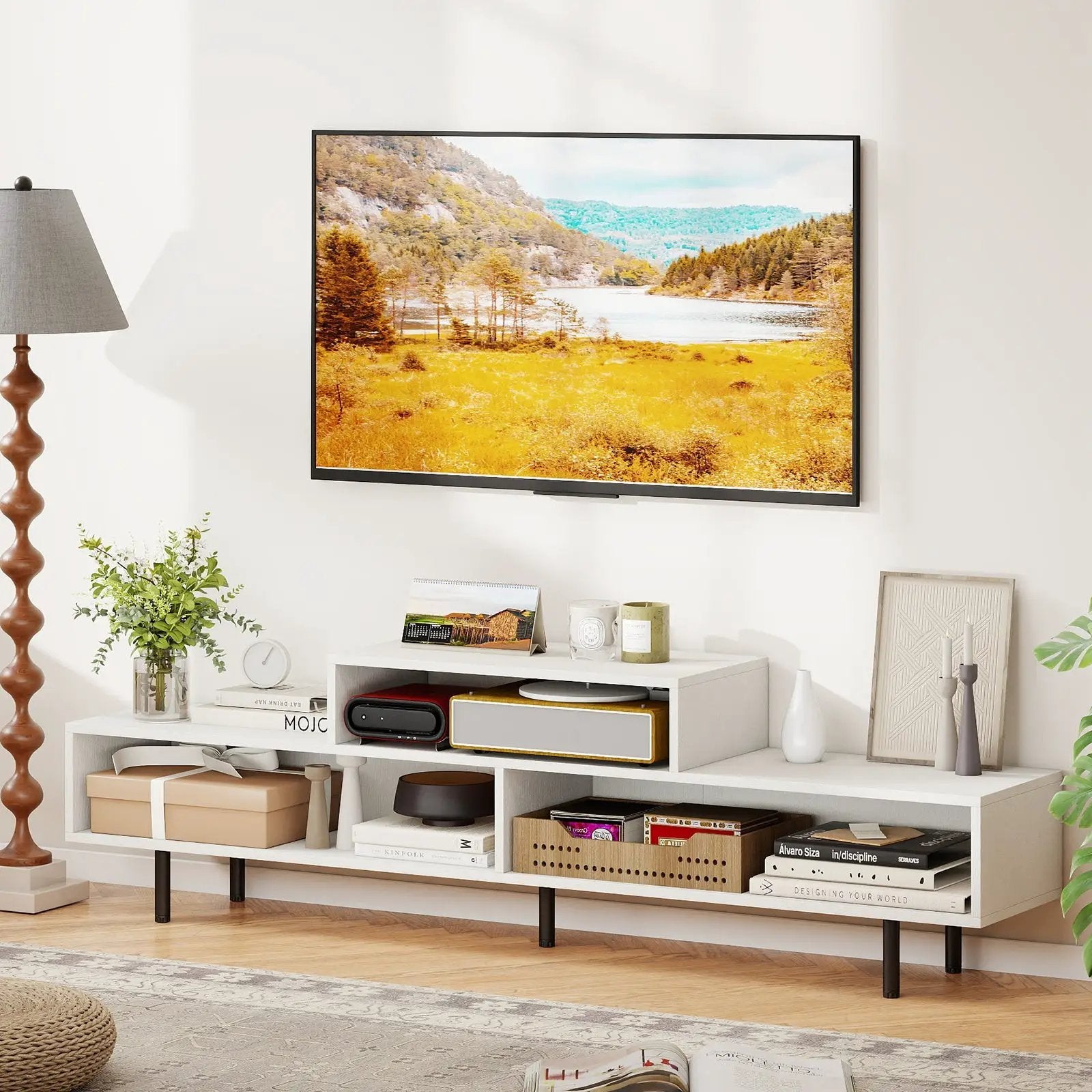 3 Cubby TV Stand for TVs up to 70 Inch with Open Storage Compartments by DirectDeals