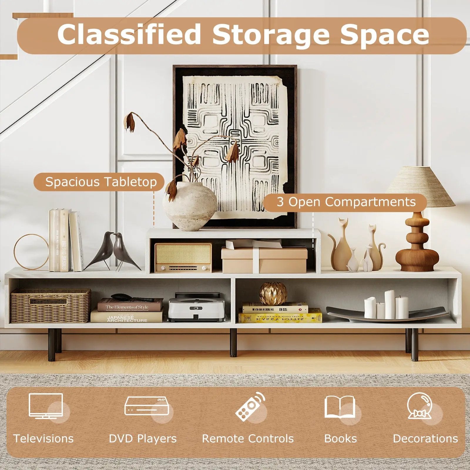 3 Cubby TV Stand for TVs up to 70 Inch with Open Storage Compartments by DirectDeals