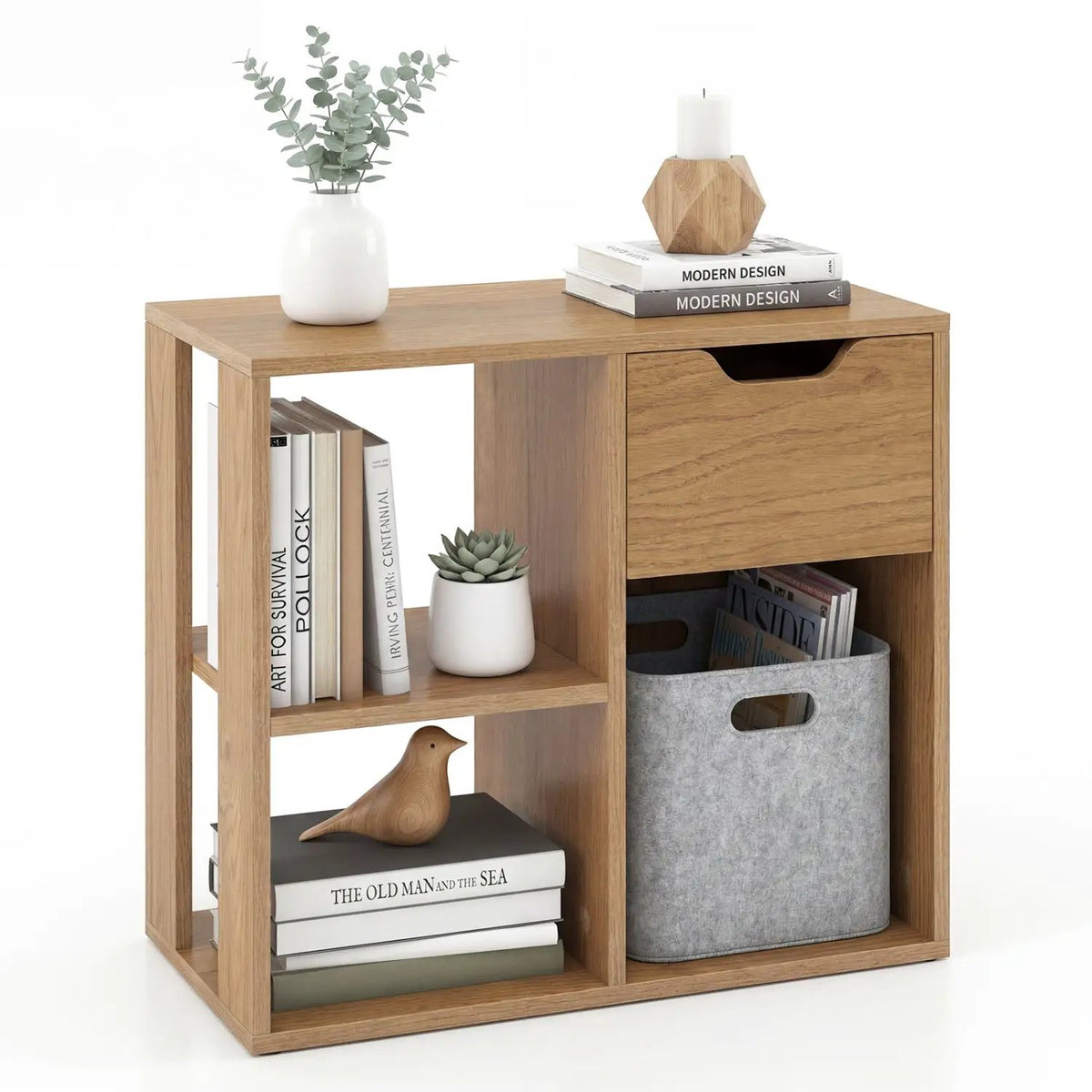 3-Cube Bookcase 2-tier Wooden Storage Shelf with Pull-out Drawer-Brown by DirectDeals