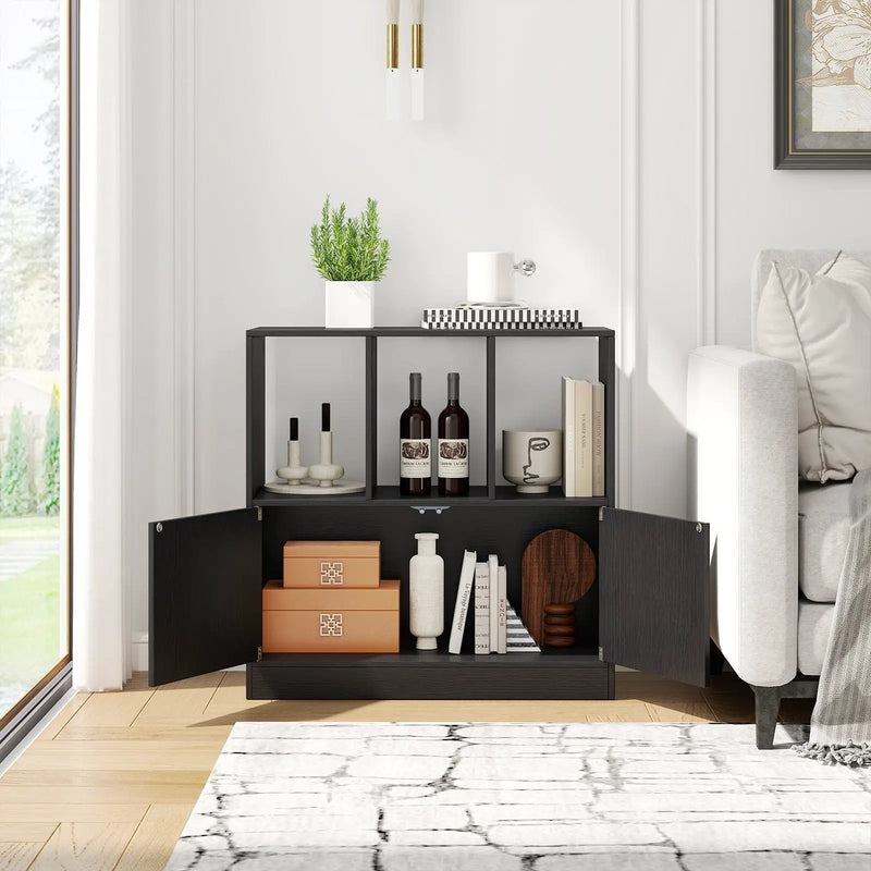 3-Cube Bookcase with Doors 3-Tier Cubic Bookshelf with Open Compartments and Cabinet by DirectDeals