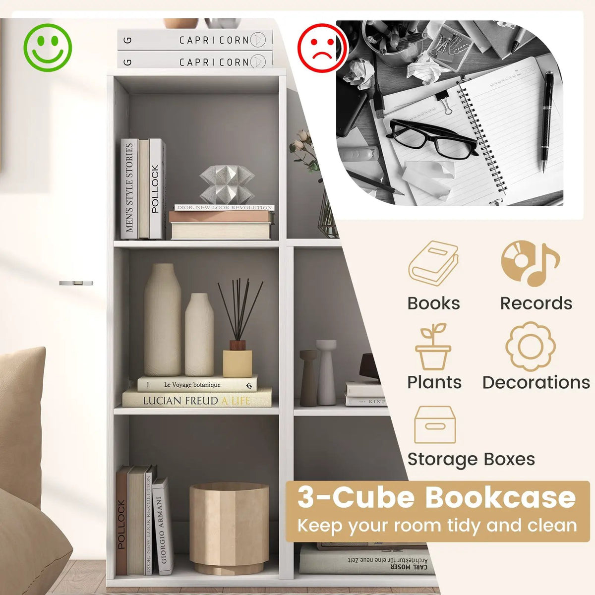 3 Cube Bookshelf with Back Guardrail for Living Room Bedroom by DirectDeals